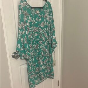 a new day Teal Green Floral Midi Dress with Ruffle Sleeves